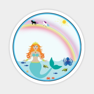 Mermaid in Sea with fish octopus crabs turtles unicorns and rainbow Magnet